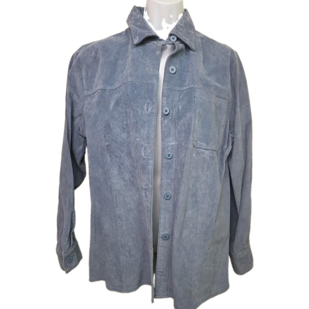 Vtg 100% Leather Pigskin Suede Shirt Jacket Shacket Blue Coldwater Creek Size S